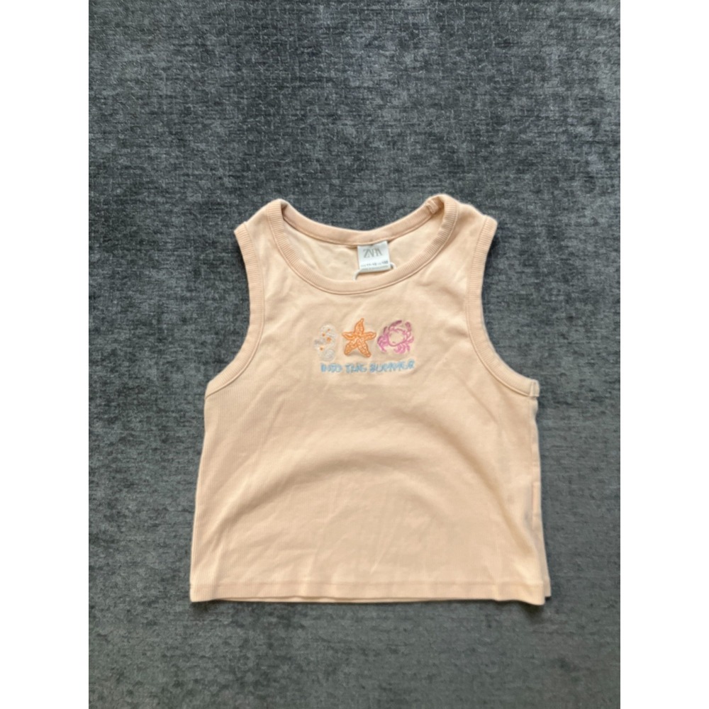 Zara Tank Top Kids 11-12 Peach Ribbed Knit Cotton Embroidered Into The Summer